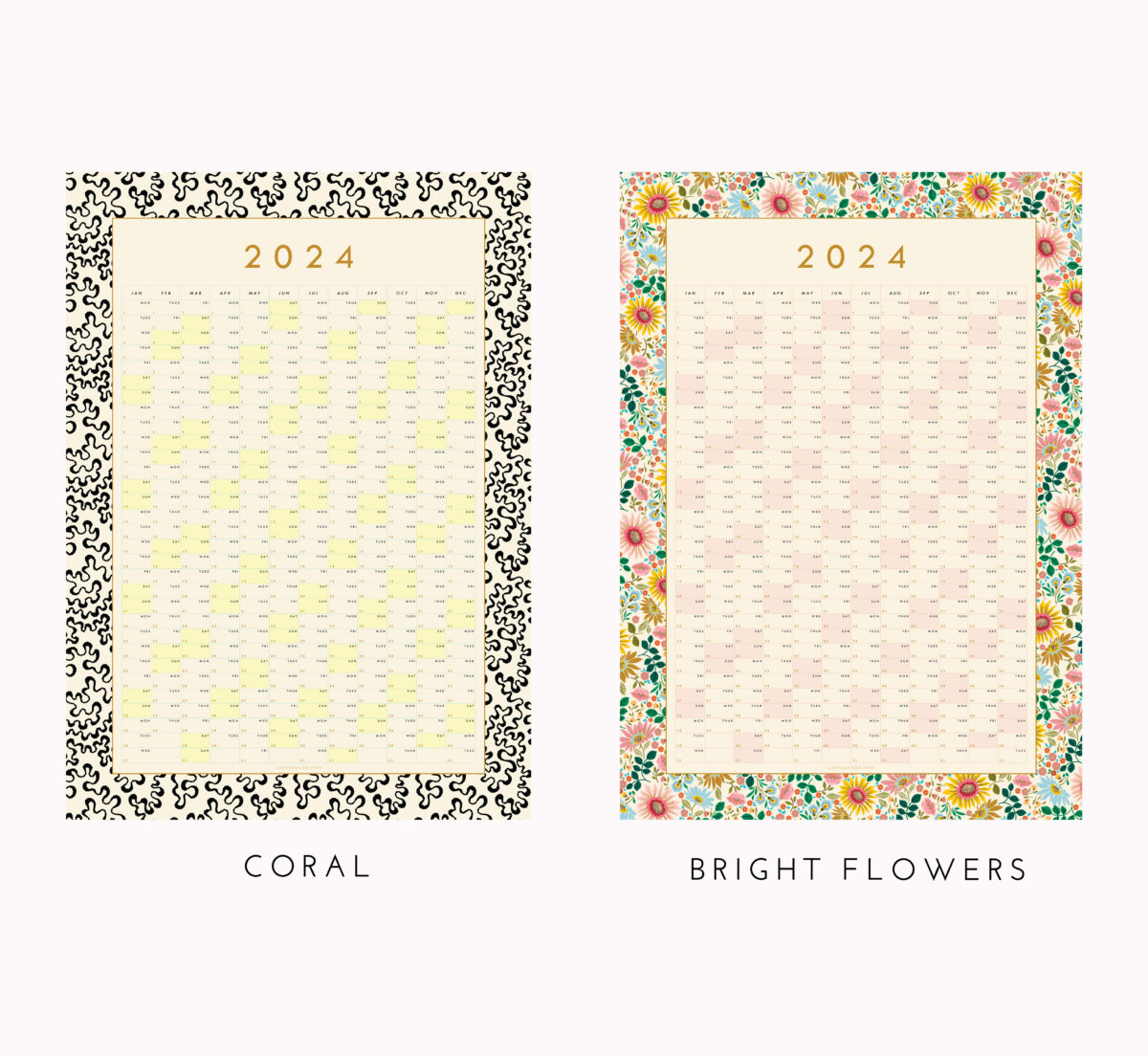 2024 wall planners both design bright flowers and coral pattern