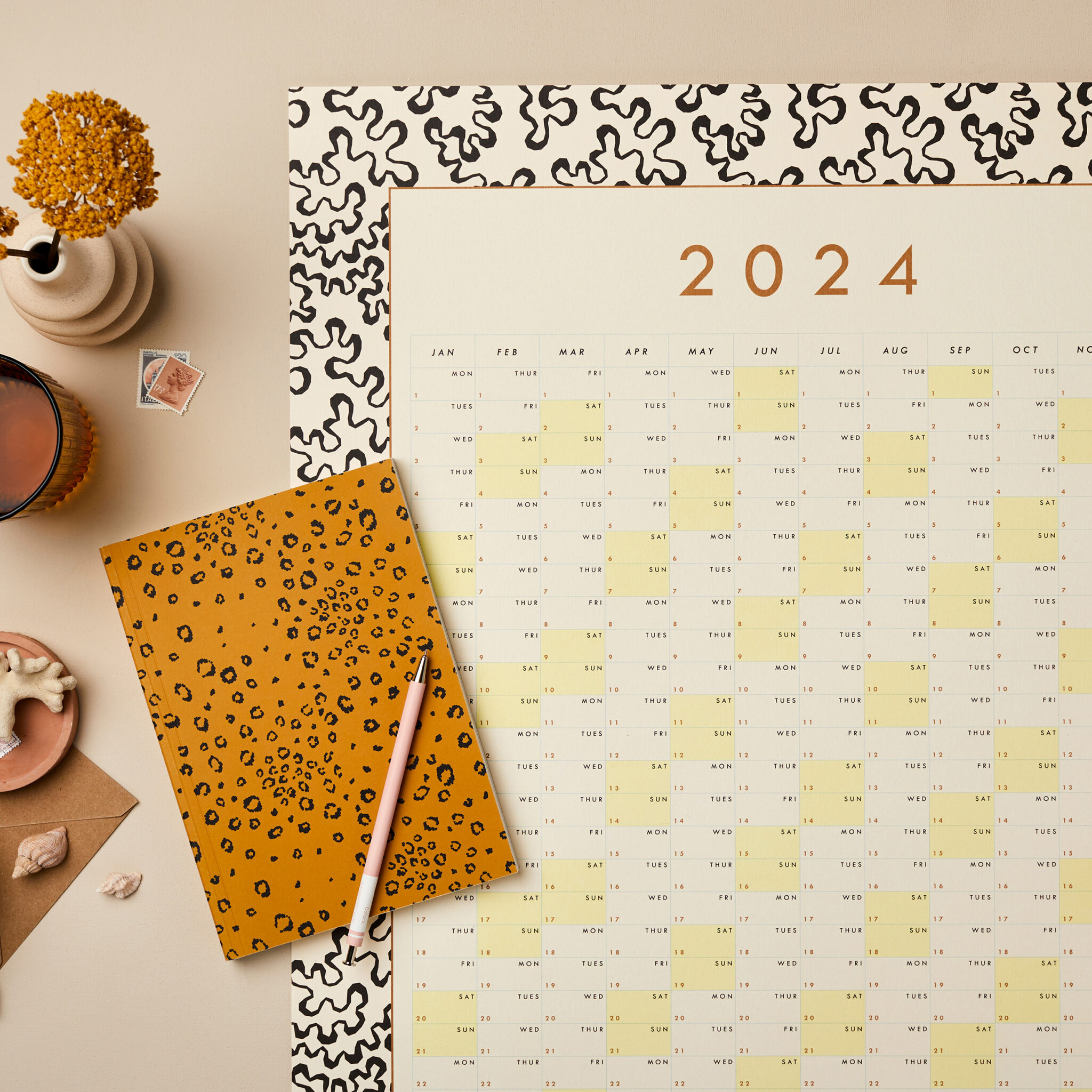 Stationery Bundle 3 - 2024 Wall Year Planner coral design and mustard leopard print A5 Lay Flat Notebook sq
