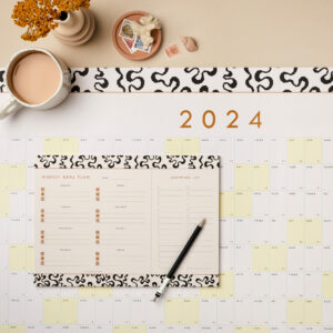 stationery bundle 10 - 2024 Wall Year Planner large, A4 weekly meal planner coral design sq