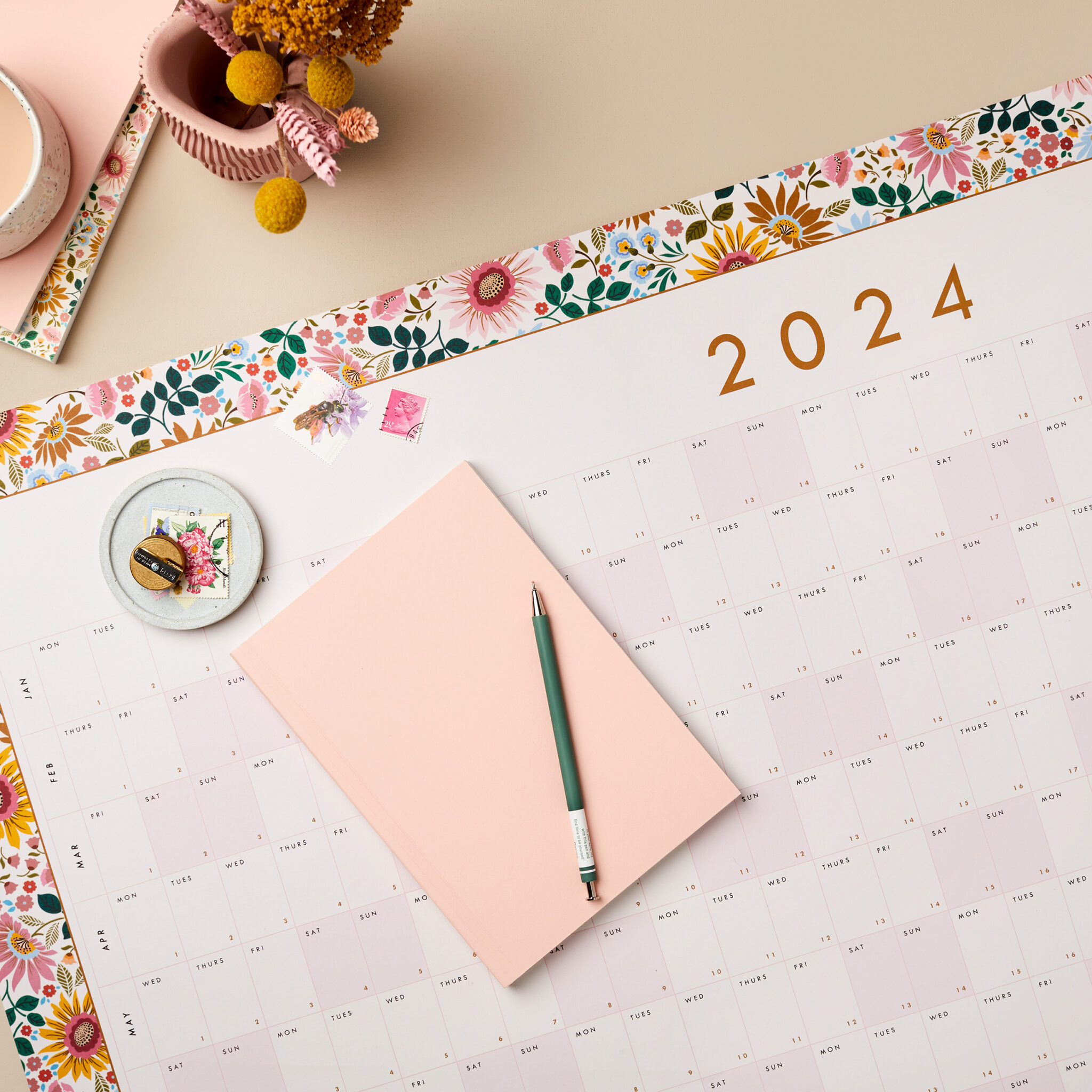 stationery bundle 3 - 2024 Wall Year Planner large, A5 layflat notebook journal in soft pink cover sq2