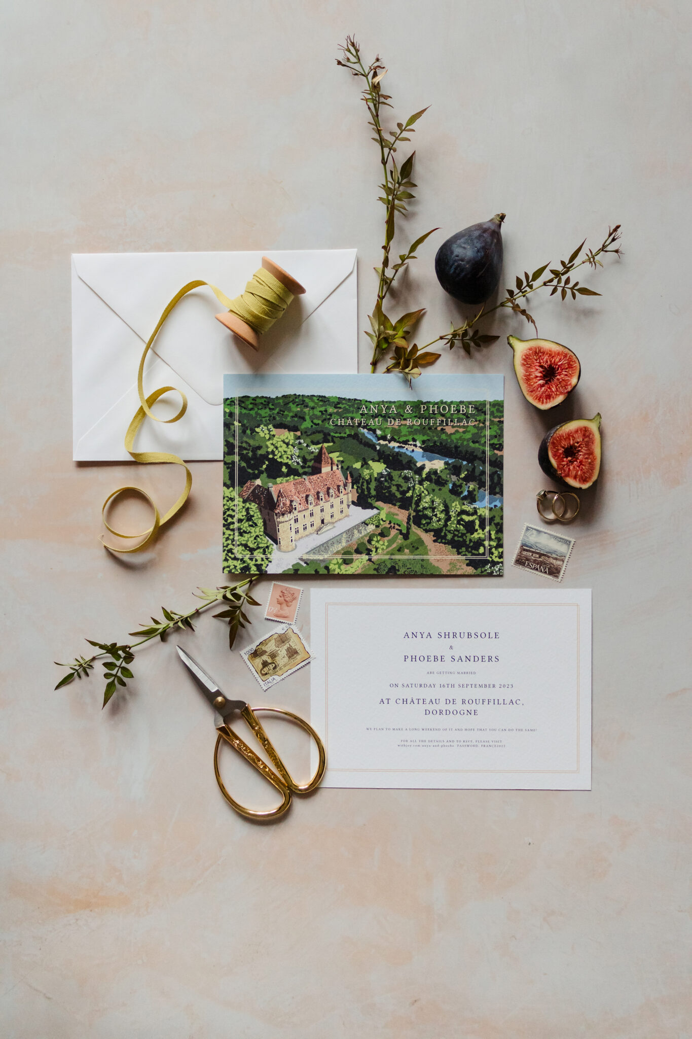 Anya and Phoebe wedding save the date Chateau de Rouffillac Dordogne France