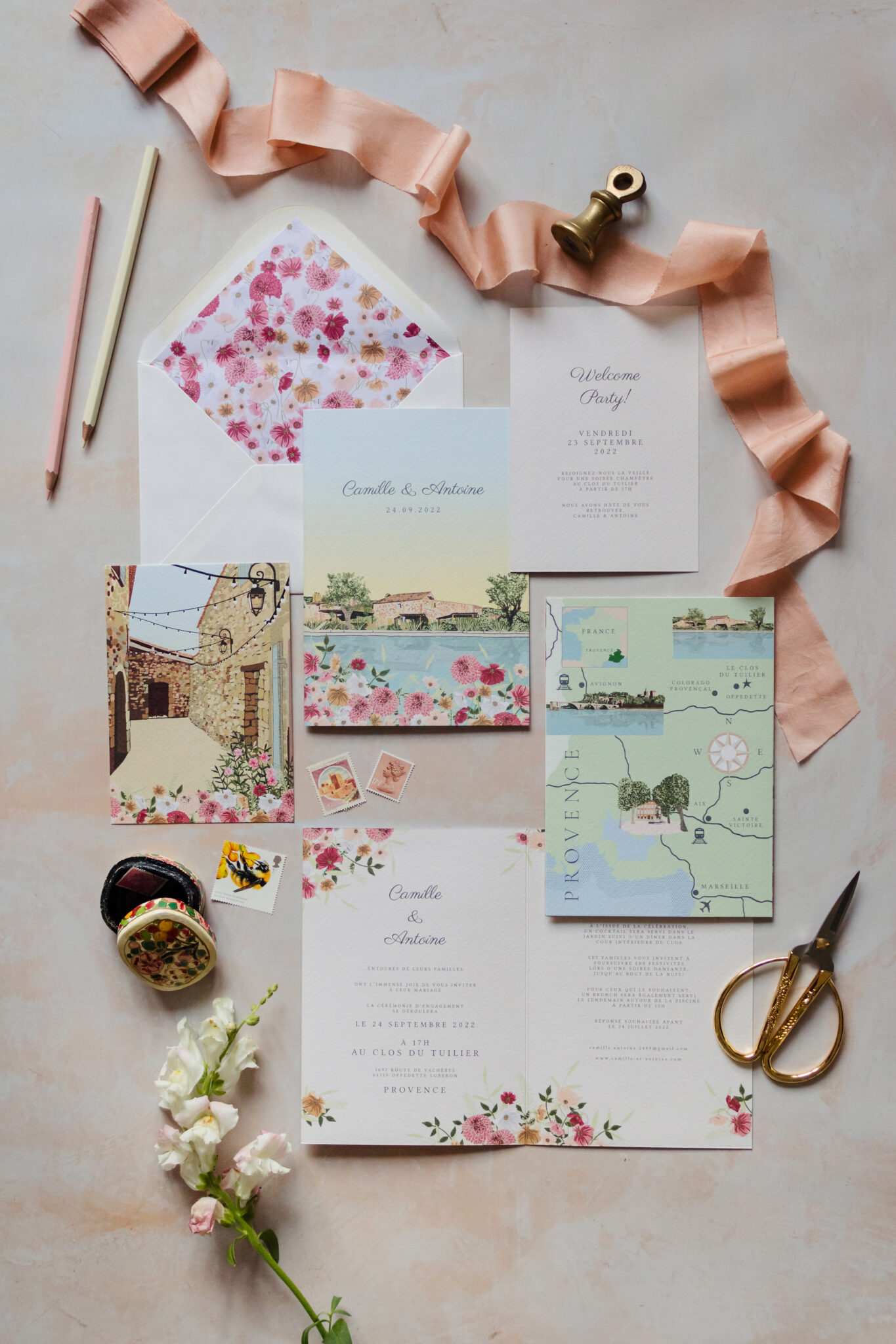 Camille and Antoine wedding invitation design clos du tuilier Provence South of France