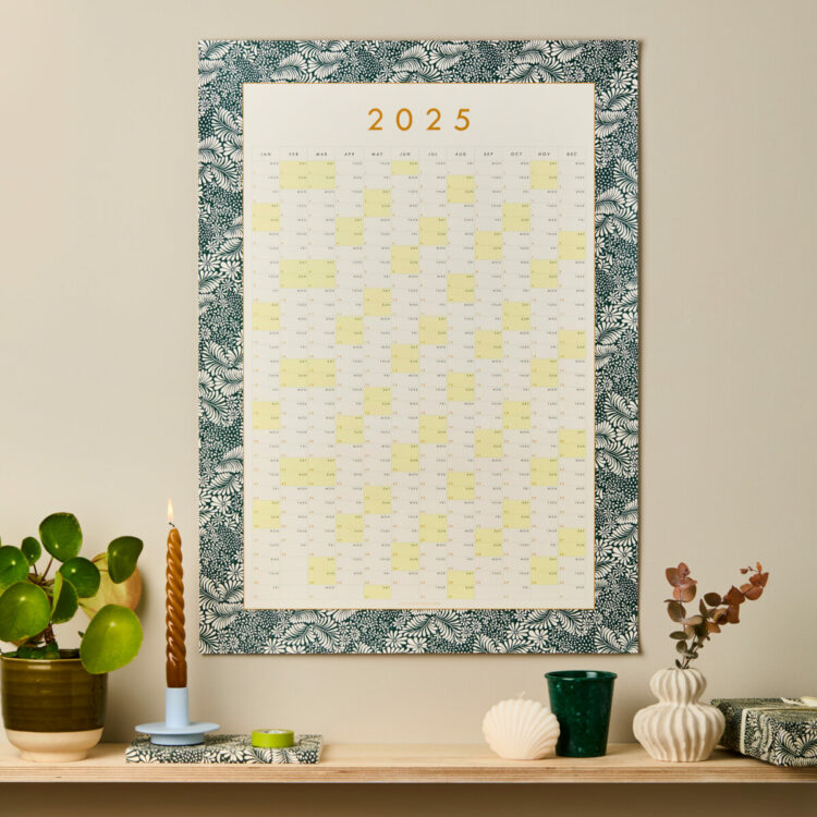 styled image of a dark green bordered decorative floral wall planner