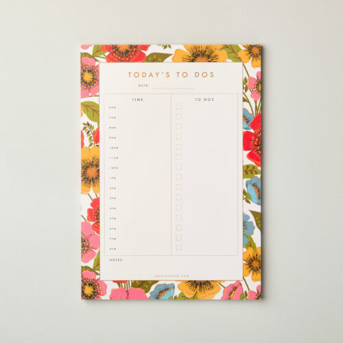 Floral undated daily planner with space to list your to dos as well as your hour by hour plans, plus a notes section.