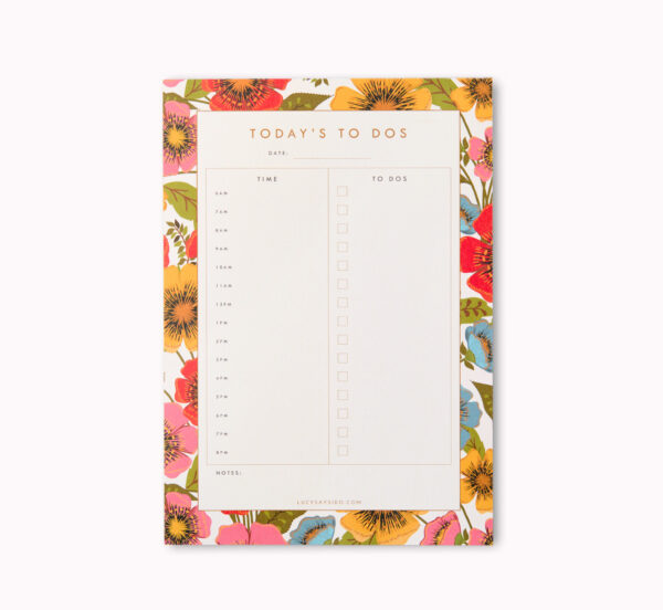 A5 floral undated daily planner. With space for hour by hour plans as well as a to do list and notes section. Perfect for task management and busy individuals. Border pattern is a bright red, pink, blue and yellow floral pattern.