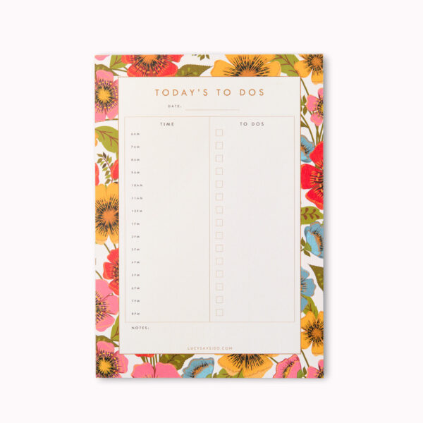 A5 floral undated daily planner. With space for hour by hour plans as well as a to do list and notes section. Perfect for task management and busy individuals. Border pattern is a bright red, pink, blue and yellow floral pattern.