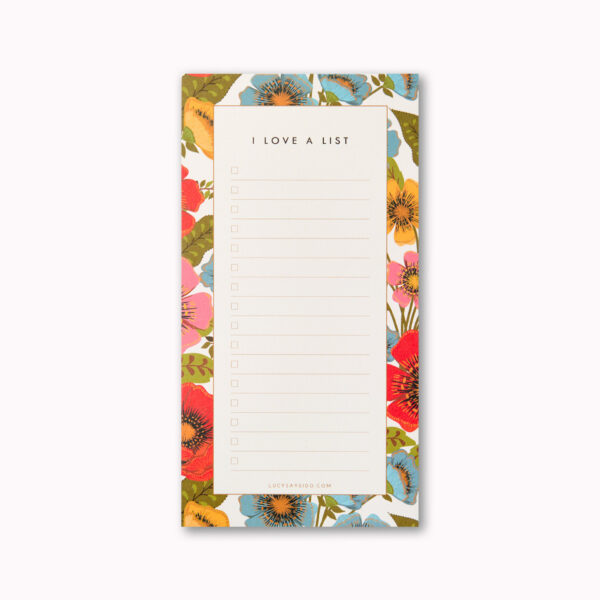 cut out image of the garden bloom floral list notepad, showing the lined pages, checkboxes and beautiful brightly coloured hand drawn floral border. Perfect stocking filler or secret santa gift for flower lovers under £10