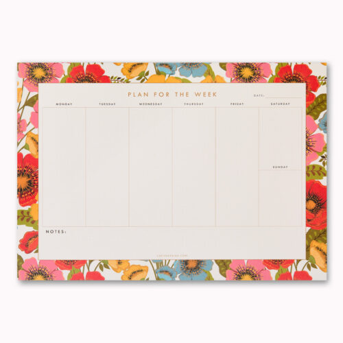 Beautiful A4 floral weekly planner, undated. Florals are poppy like flowers in red, pink, yellow and blue