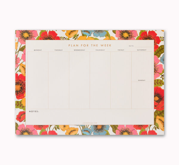 Beautiful A4 floral weekly planner, undated. Florals are poppy like flowers in red, pink, yellow and blue