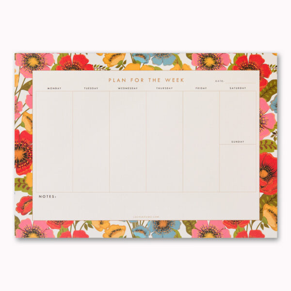 Beautiful A4 floral weekly planner, undated. Florals are poppy like flowers in red, pink, yellow and blue