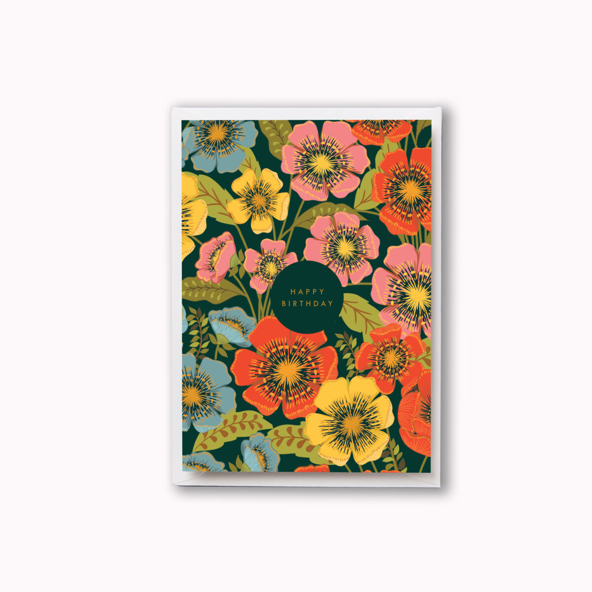 Beautiful bright floral birthday card with flowers in reds, pink, yellows and blues on a dark green background