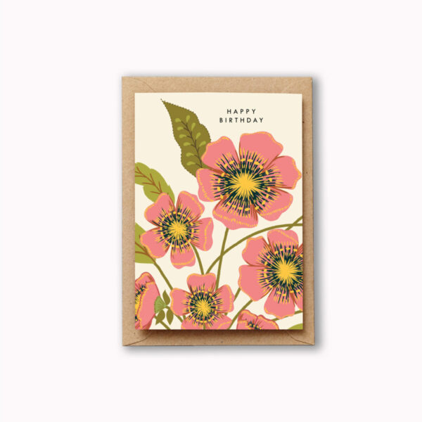 Happy Birthday Pink Bloom Birthday card with large pink poppy flowers on the front and the words Happy Birthday hidden amongst the picture of the flowers