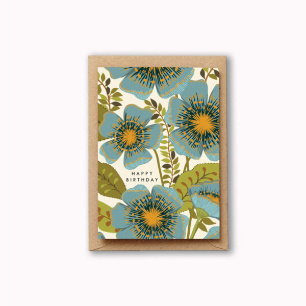 Happy Birthday Blue Bloom Card Birthday card with large light blue poppy flowers covering the front of the card and the words Happy Birthday tucked amongst the picture of the flowers